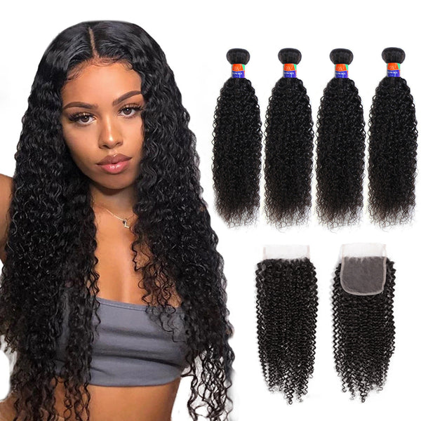 4 Bundles With a 4x4 Lace Closure Kinky Curly Hair Virgin Hair Extensions