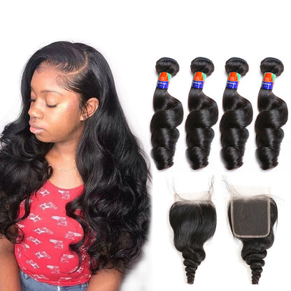 4 Bundles With a 4x4 Lace Closure Loose Wave Hair Virgin Hair Extensions