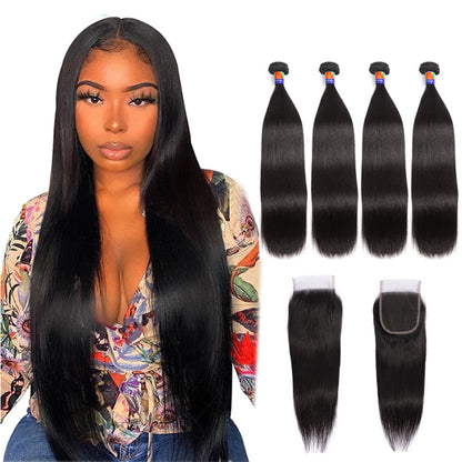 4 Bundles With a 4x4 Lace Closure Straight Hair Virgin Hair Extensions