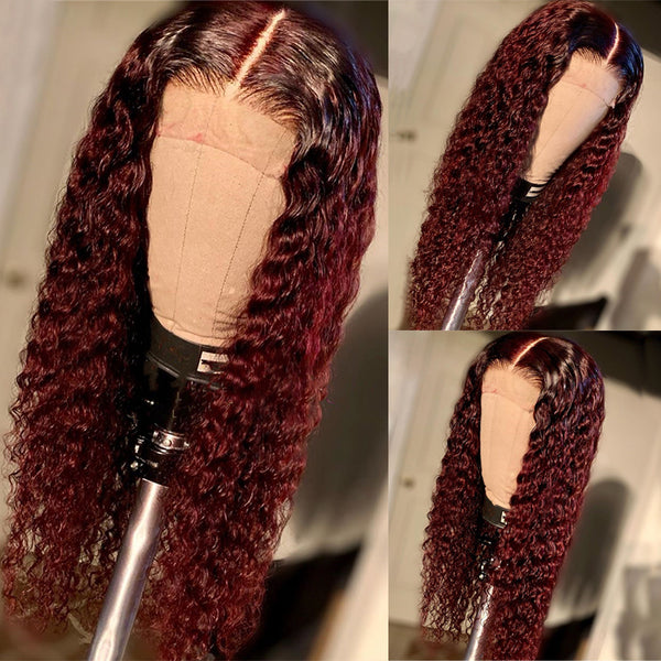 JANET Burgundy Curly Human Hair Lace Wig Pre Plucked with Baby Hair