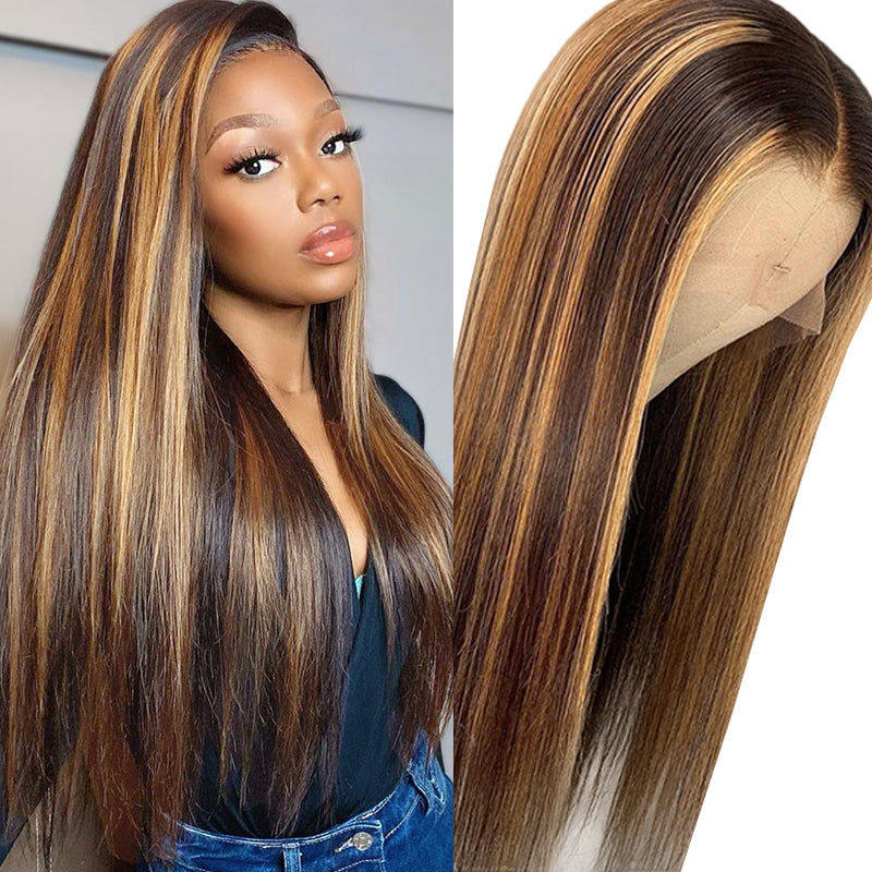 ERICA Honey Blonde Highlighted Straight Hair Human Hair Lace Wig Pre Plucked Natural Hairline
