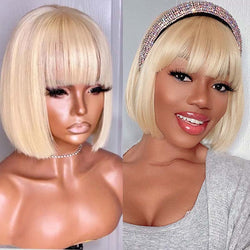 NAKIA Blonde #613 Bob with Bangs Lace Frontal Wig Full Lace Wig 100% Human Hair