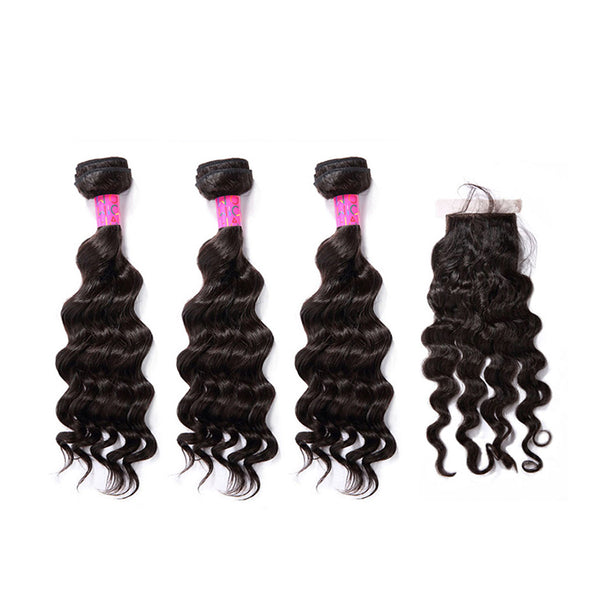 3 Bundles With a Silk Closure 4×4 Deep Wave Unprocessed Virgin Human Hair Extensions