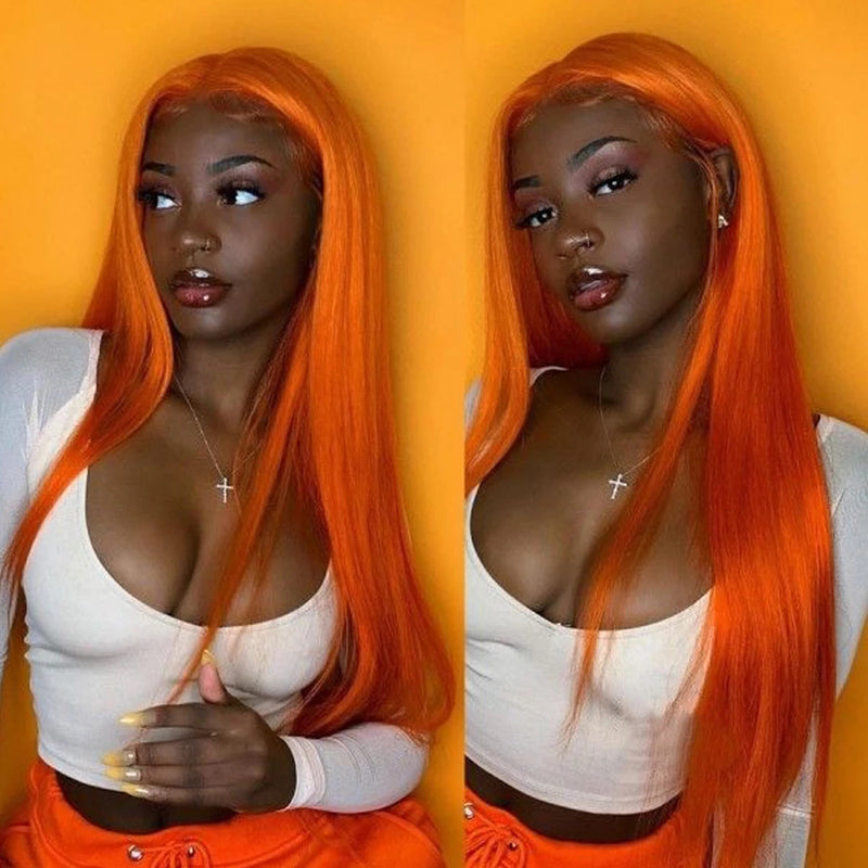 Bright Orange Straight Lace Wig 100% Human Hair Wig