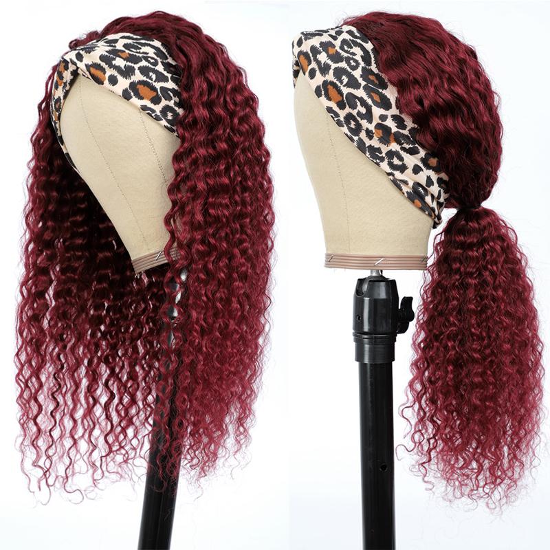 Burgundy Curly Headband Wig 100% Human Hair