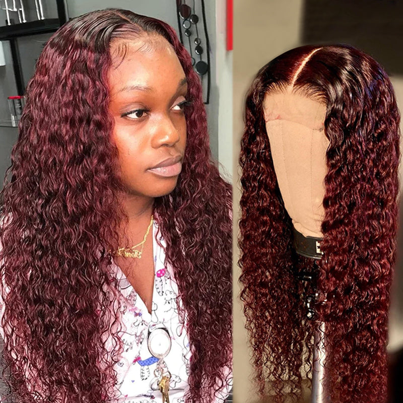 JANET Burgundy Curly Human Hair Lace Wig Pre Plucked with Baby Hair
