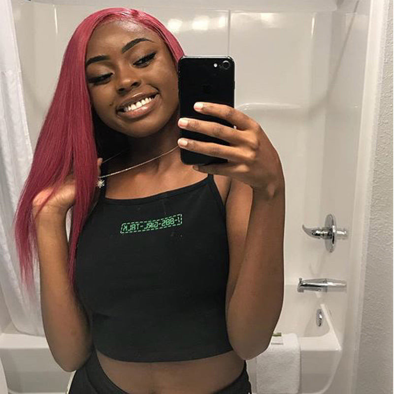 Pink Burgundy Straight Human Hair Full Lace Wig