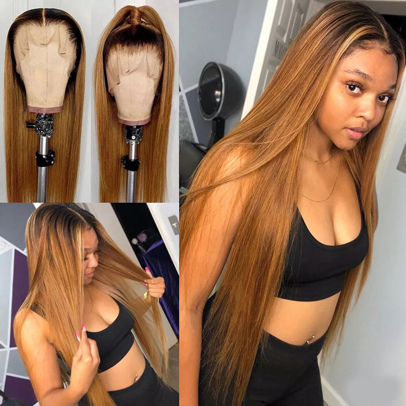 Dark Roots Brown Straight Hair Human Hair Lace Wig Pre Plucked Natural Hairline