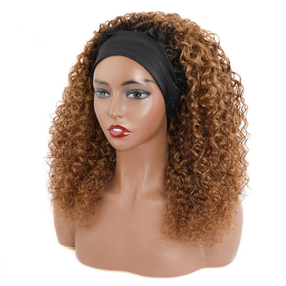 Dark Roots Chestnut Curly Headband Wig 220% Density Virgin Human Hair Wig
