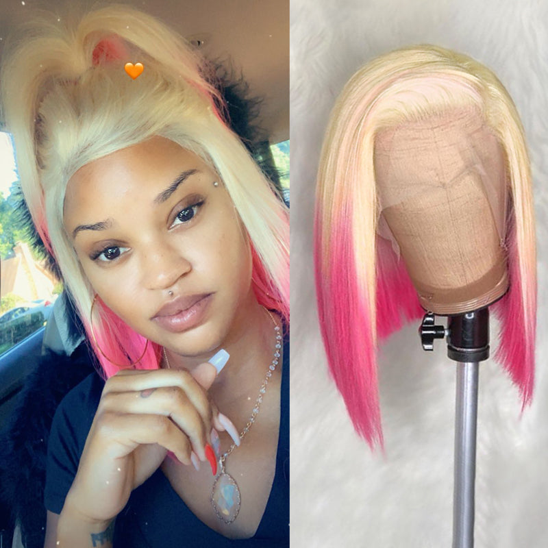 AUDREY -Ombre Blonde Pink Bob Human Hair Wigs Lace Front Wig Full Lace Wig