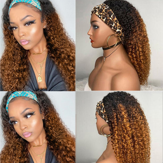 PARIS 🔥Ombre Dark roots Coffee Curly Headband Wig 100% Human Hair