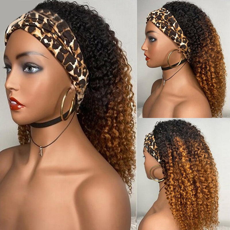 PARIS 🔥Ombre Dark roots Coffee Curly Headband Wig 100% Human Hair