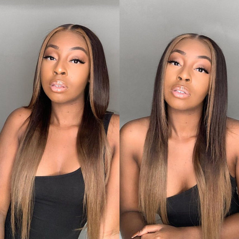 Ombre Straight Hair with Highlight Human Hair Lace Wig Pre Plucked Hairline