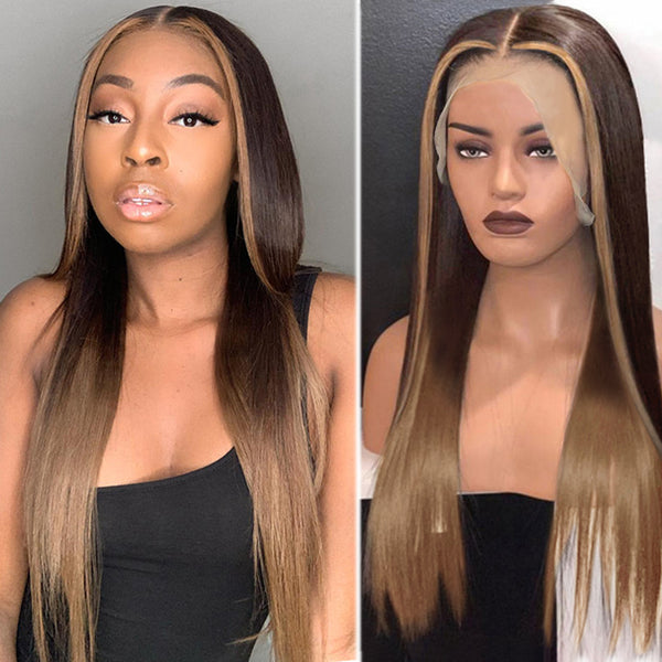 GLORIA - Ombre with Front Honey Blonde Highlighted Straight Human Hair Lace Wig Pre Plucked Hairline