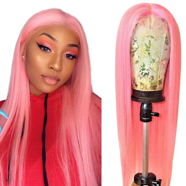 Pink Straight Hair 4x4 Lace Closure Wig 16 inch 180% Density 100% Human Hair