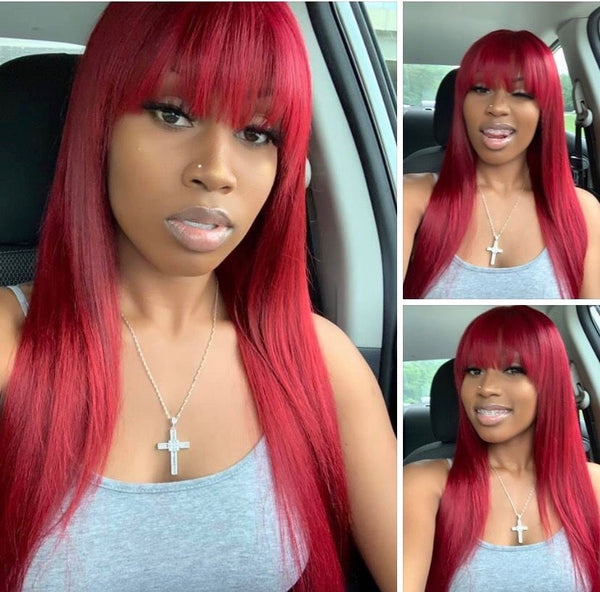 XTINA Burgundy with Bangs Human Hair Lace Wig Very Breathable