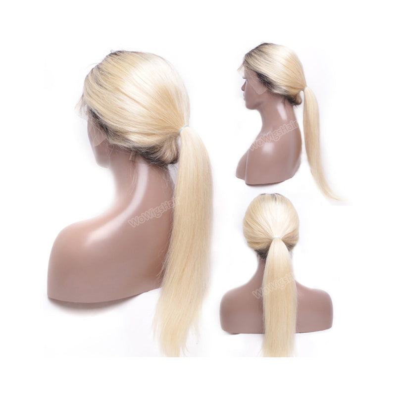 Customized #1B Roots Blonde #613 Straight Hair Lace Front Wig Full Lace Wig